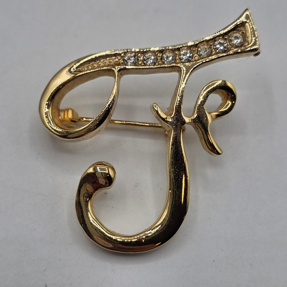 Gold Tone Rhinestone Script Initial Letter F Brooch Cursive Monogram Pin Classy - Picture 3 of 7